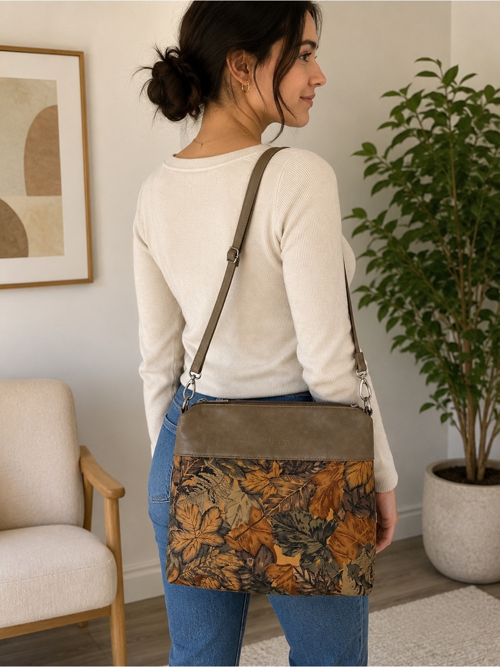 Abbacino Autumn Leaf Print Crossbody Bag Brown Faux Leather Shoulder Bag